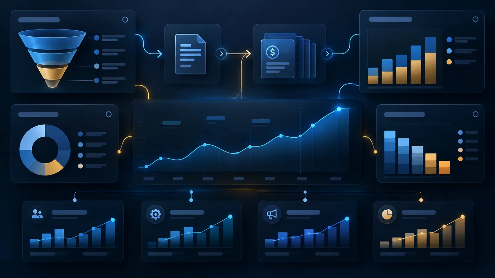 Illustrative dark business analytics interface showing pipeline, receivables, invoicing, and operating visibility.