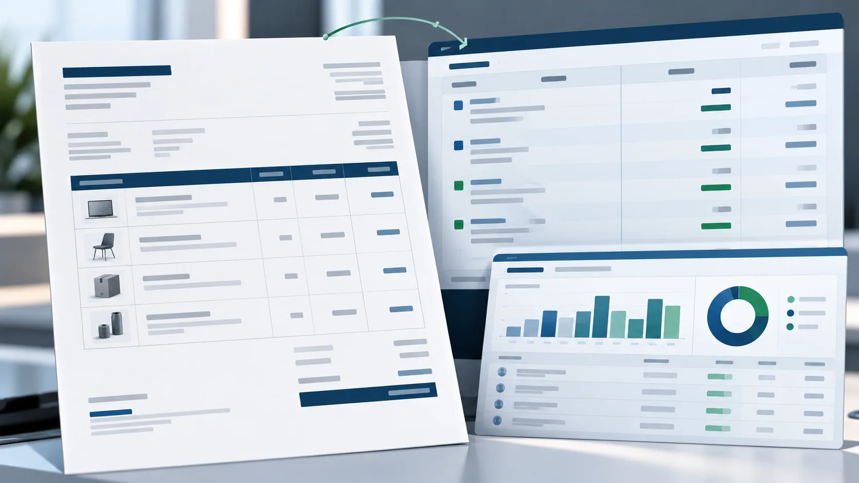 Digital commercial invoice transitioning into double-entry accounting records and receivables visibility.