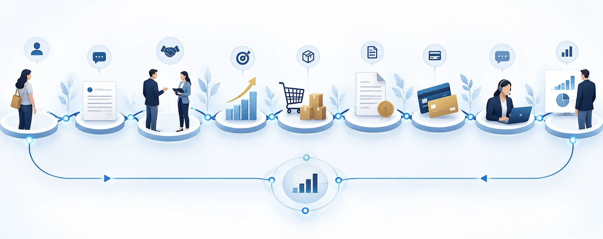 Connected business workflow from customer lead and sales to invoicing, communication, and reporting