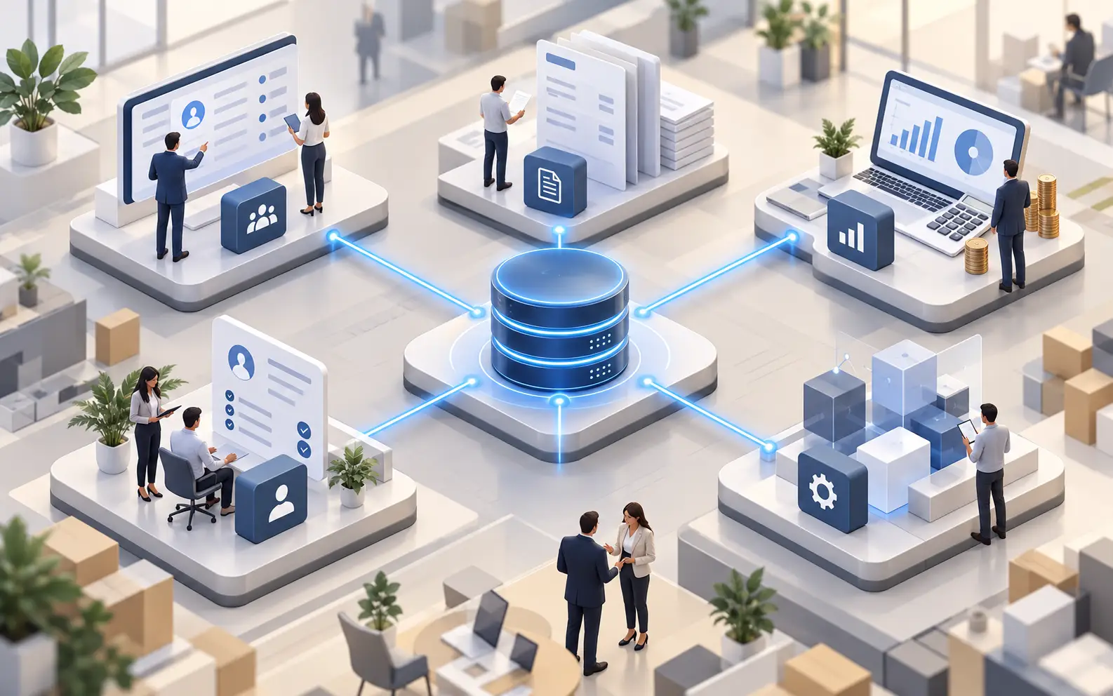 Editorial illustration of fragmented wholesale sales, billing, and accounting workflows resolving into a synchronized process.