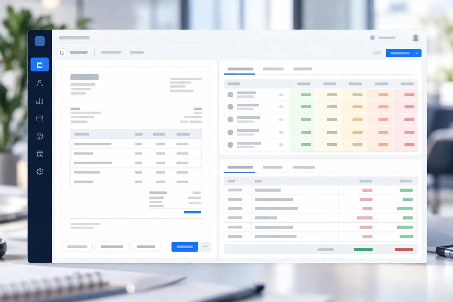Rudram Accounting and Invoice software interfaces showing commercial financial control and ledger context.