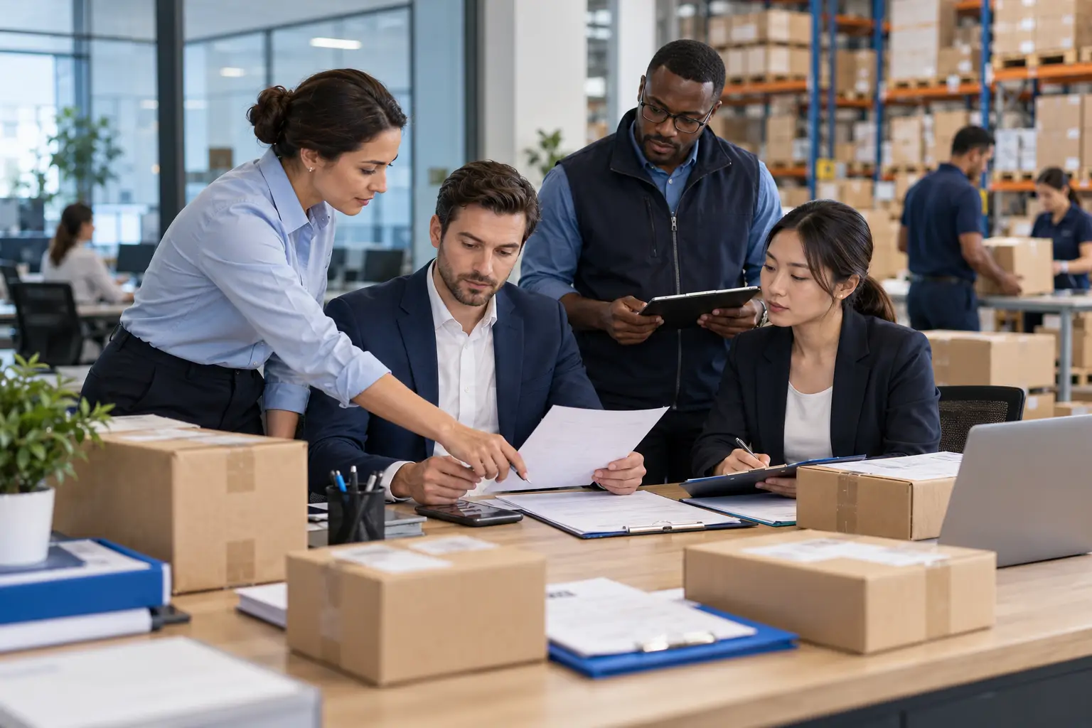 Commercial account managers and distribution coordinators reviewing product orders and dispatch documents.
