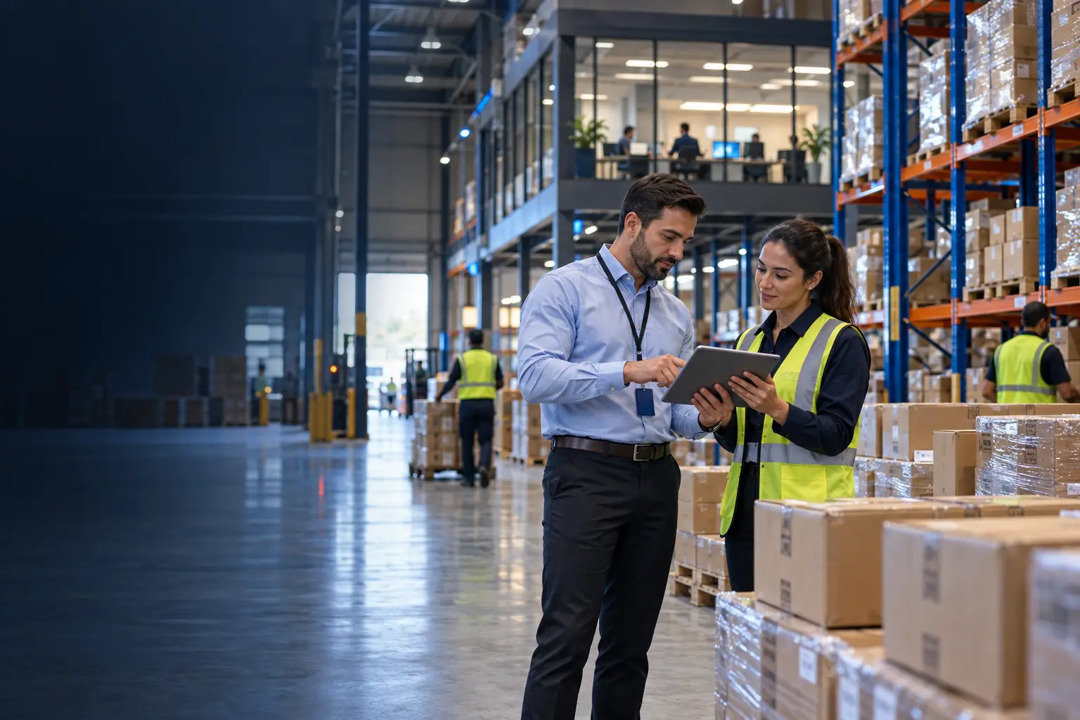 Active commercial distribution environment with products staged on racks and trading professionals managing digital sales orders.