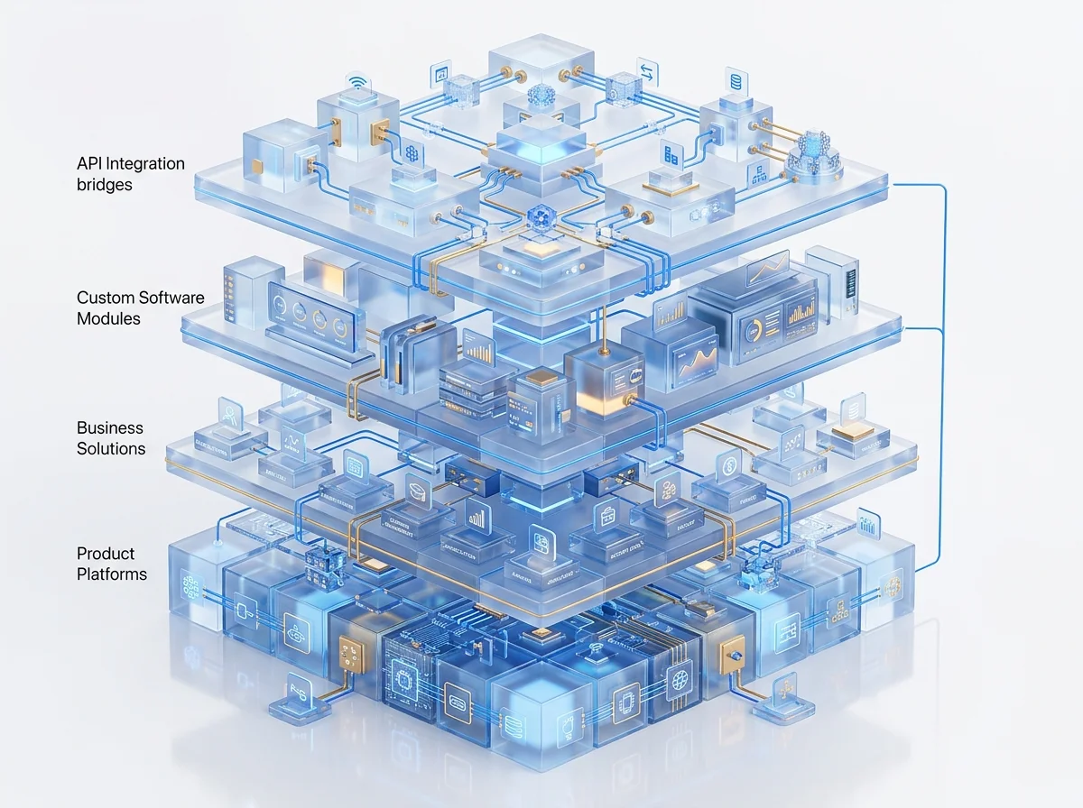 Rudram Softech 4-tier education software architecture: Products, Solutions, Custom Software, and Integrations