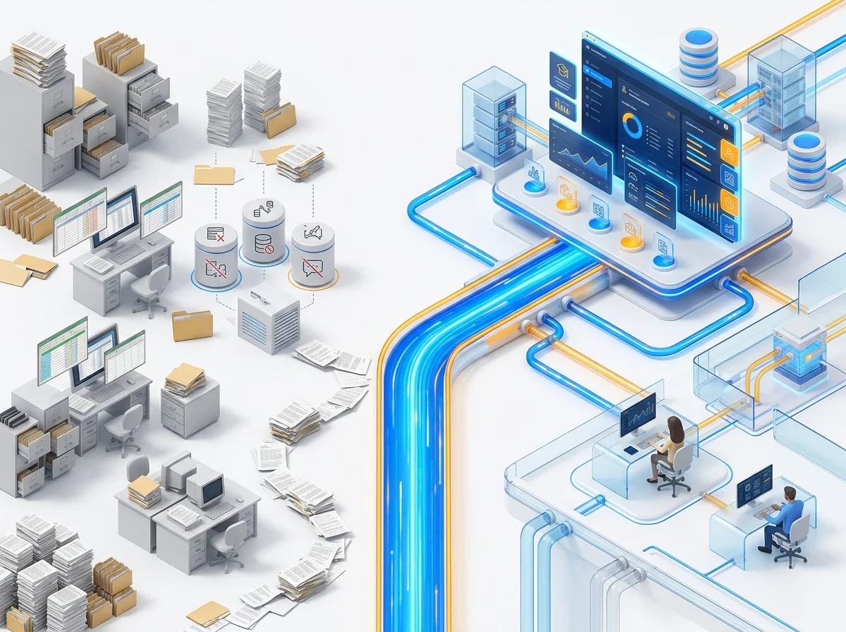 Comparison between fragmented legacy education administration and unified digital software pipelines