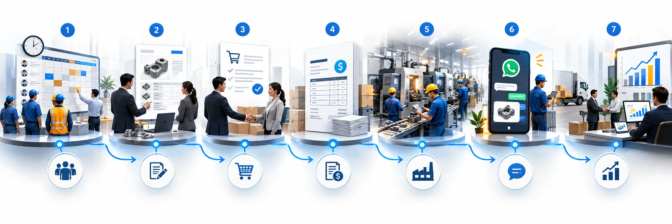 Industrial business journey connecting workforce scheduling, commercial orders, invoicing, communication, payables, and reporting