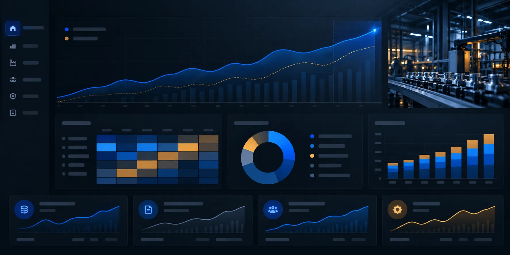 Dark executive analytics interface for industrial manufacturing showing financial, workforce, and sales reporting views.