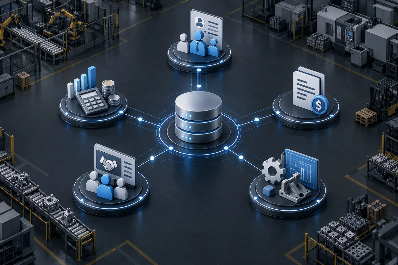 Central ecosystem diagram showing Rudram Payroll, Accounting, Invoice, and CRM applications synchronized for manufacturing operations.