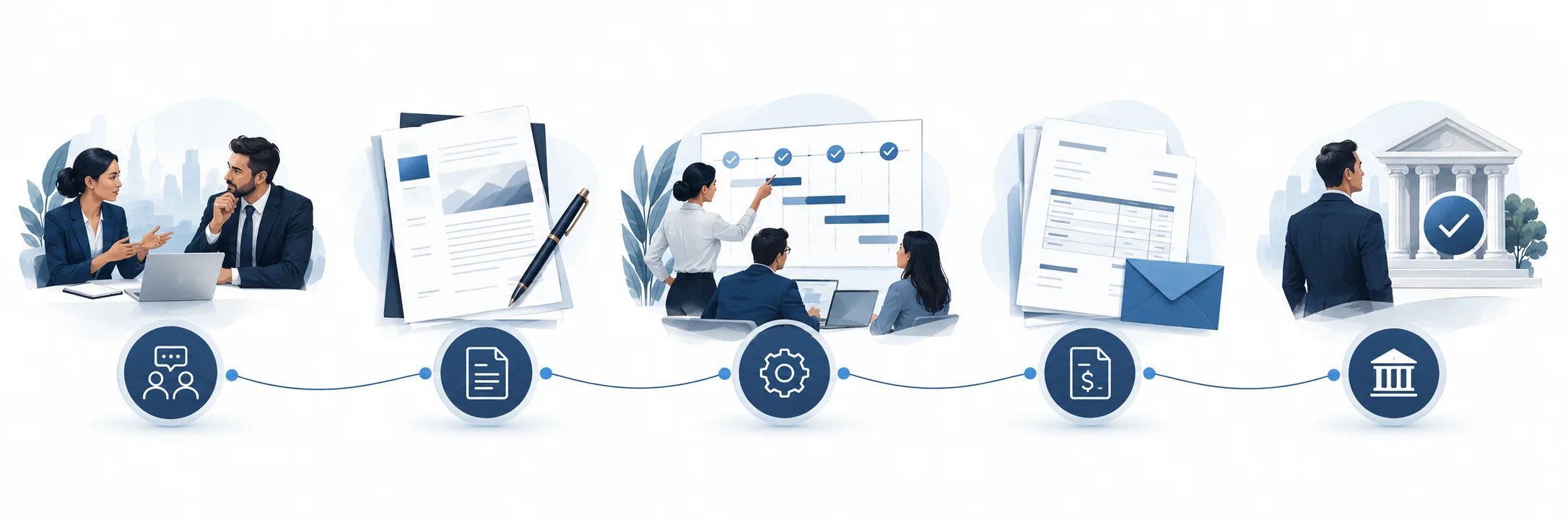 Professional services engagement workflow connecting enquiry, proposal, milestones, collections, and ledger settlement