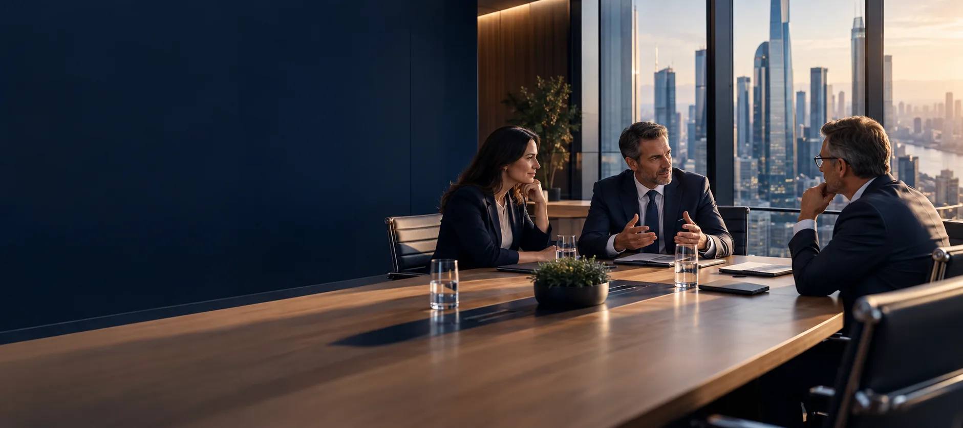 Consulting partners and corporate clients collaborating on business strategy in an executive boardroom.
