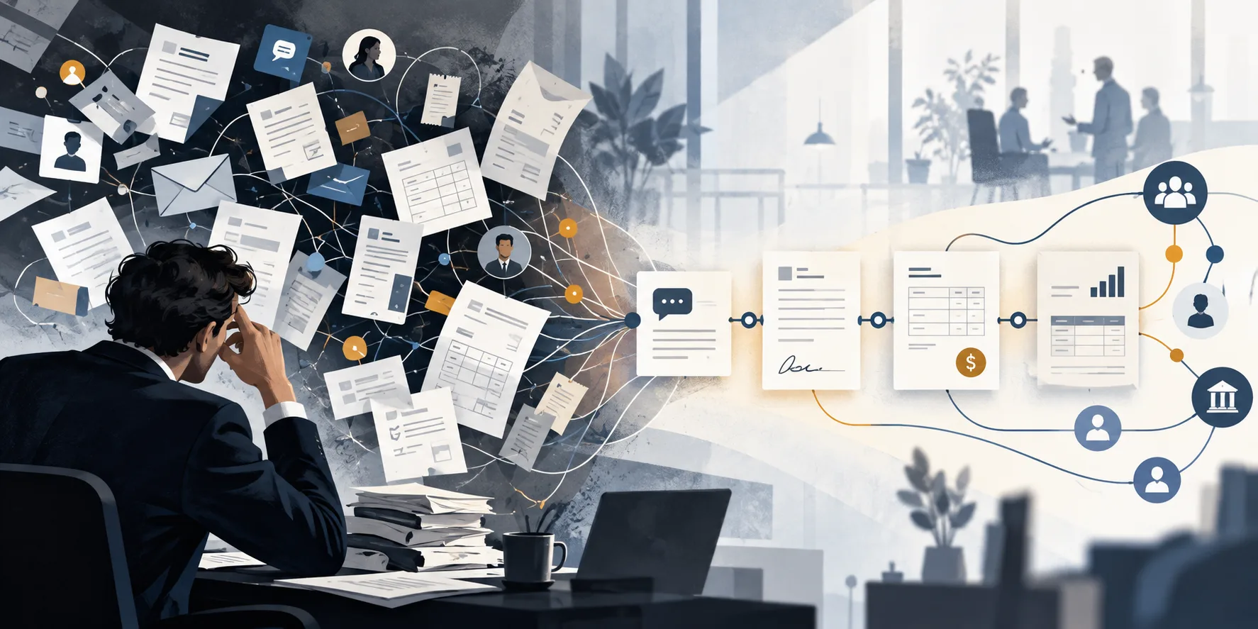 Editorial illustration of fragmented professional-services communication, billing, and accounting resolving into a connected workflow.