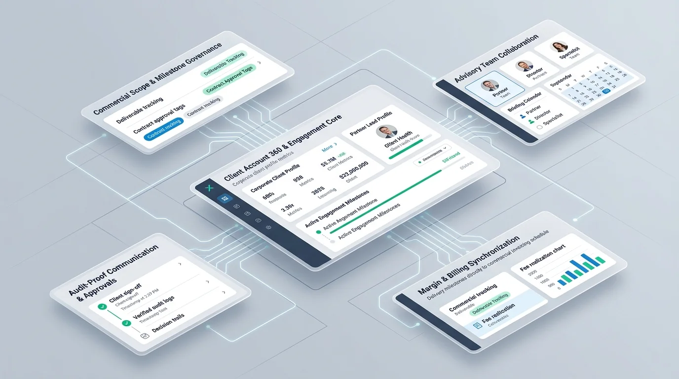 Enterprise relationship-first architecture connecting client accounts, scope milestones, advisory teams, and billing synchronization.