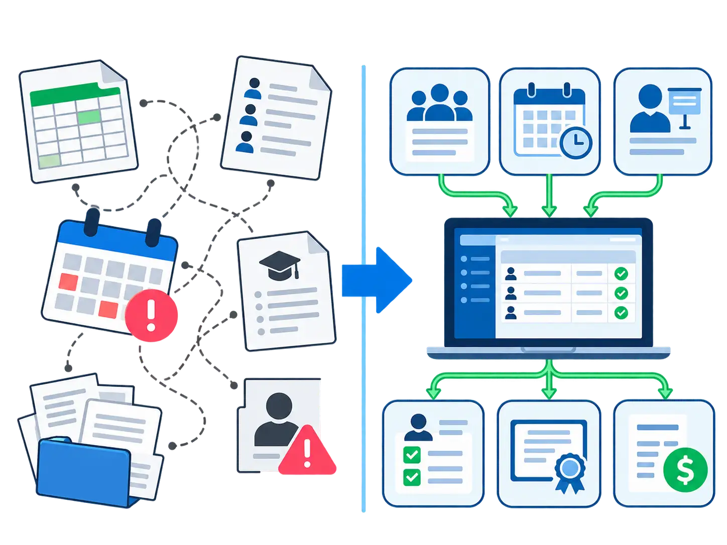 Visual contrast between fragmented manual training administration and a unified digital ERP workflow