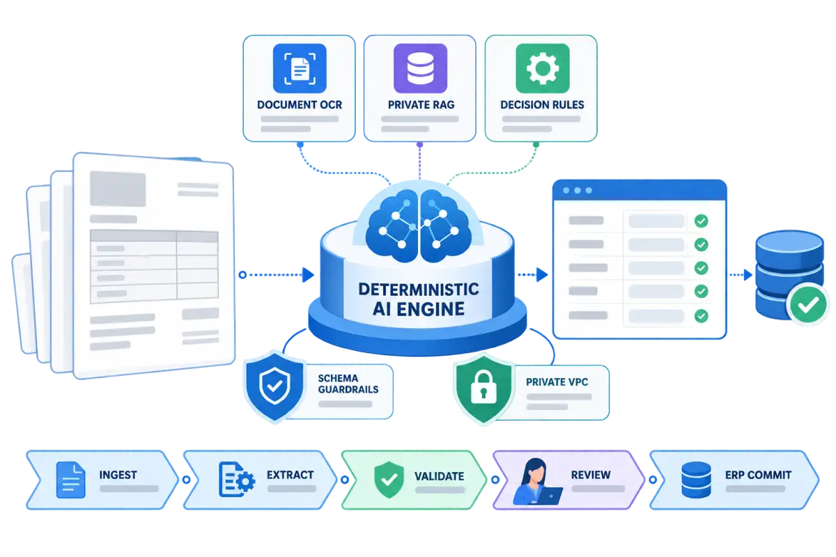 Practical AI engineering visual showing document OCR, private RAG, decision rules, schema guardrails, human review, and ERP commit workflow