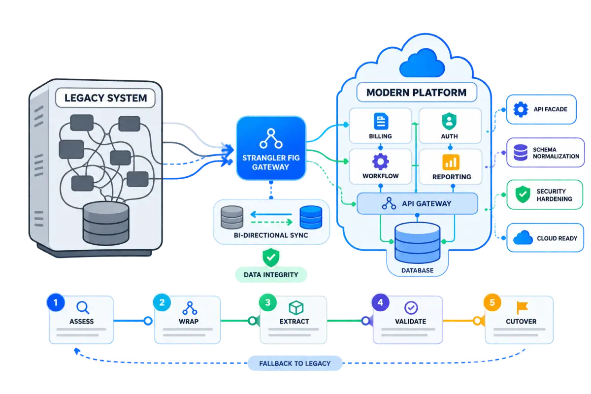Application modernization visual showing a legacy system moving through a Strangler Fig gateway into a modular modern platform with API facade, schema normalization, data integrity, security hardening, and phased cutover