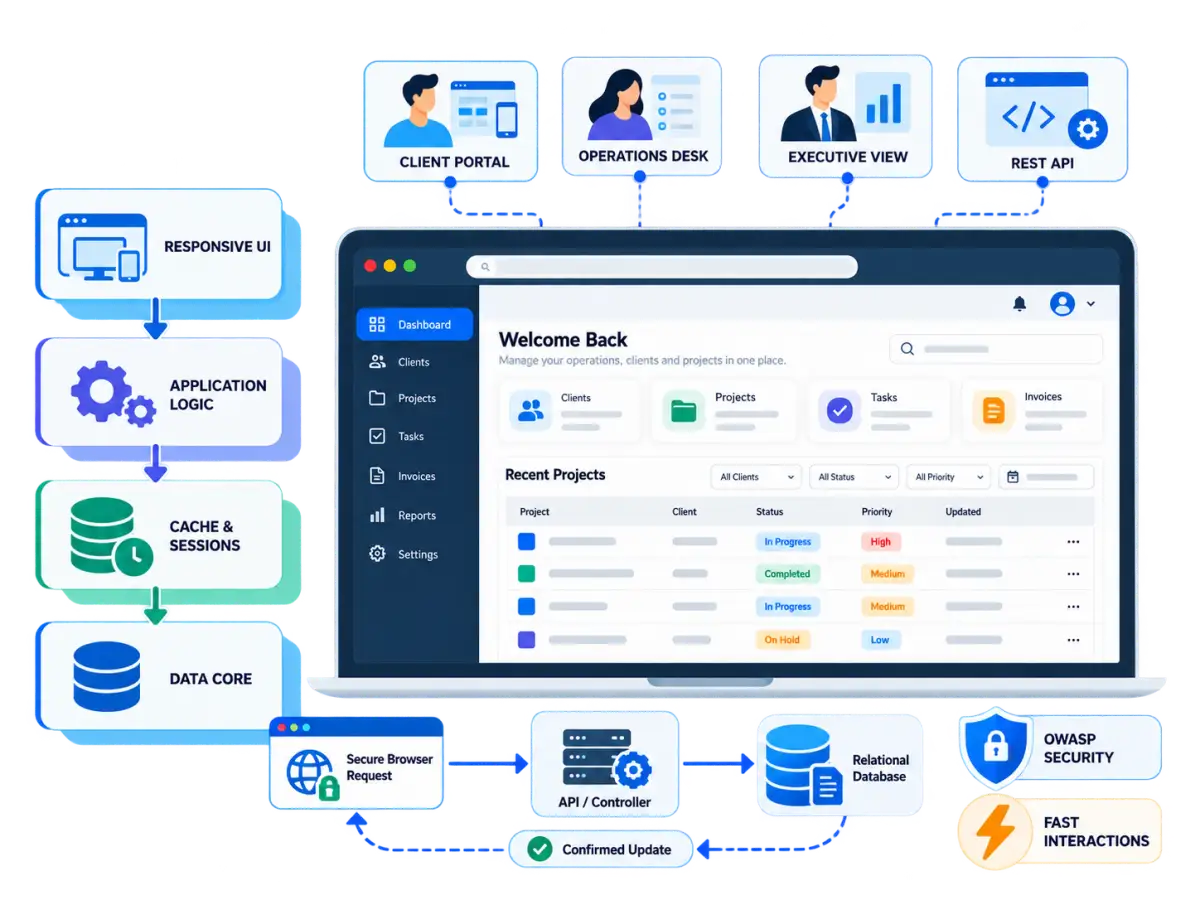 Web application development visual showing responsive UI, client and operations portals, application logic, cache and sessions, data core, API flow, and OWASP security