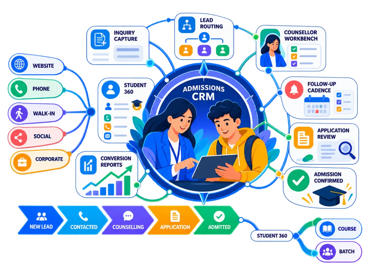 Admissions CRM workflow connecting inquiry capture, lead routing, counsellor workbench, follow-up cadence, application review, admission confirmation, Student 360 and conversion reports