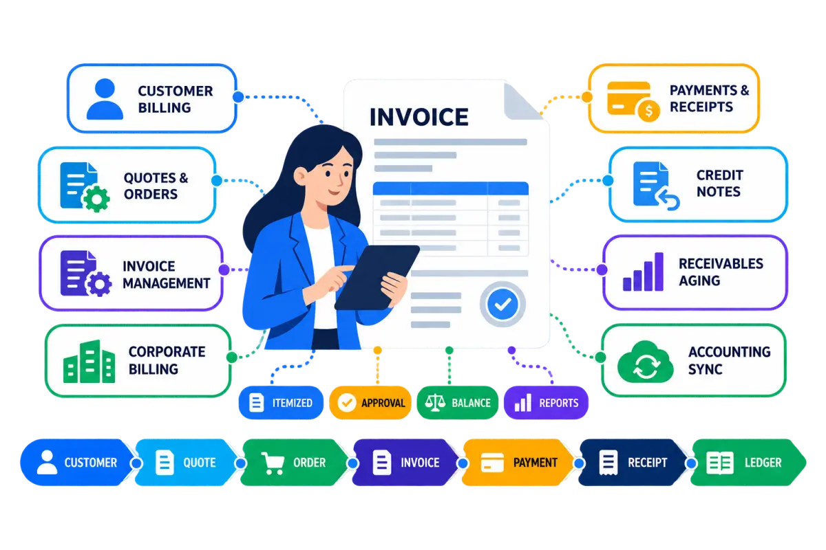 Billing and invoicing workflow connecting customer billing, quotes and orders, invoice management, corporate billing, payments, credit notes, receivables aging and accounting sync