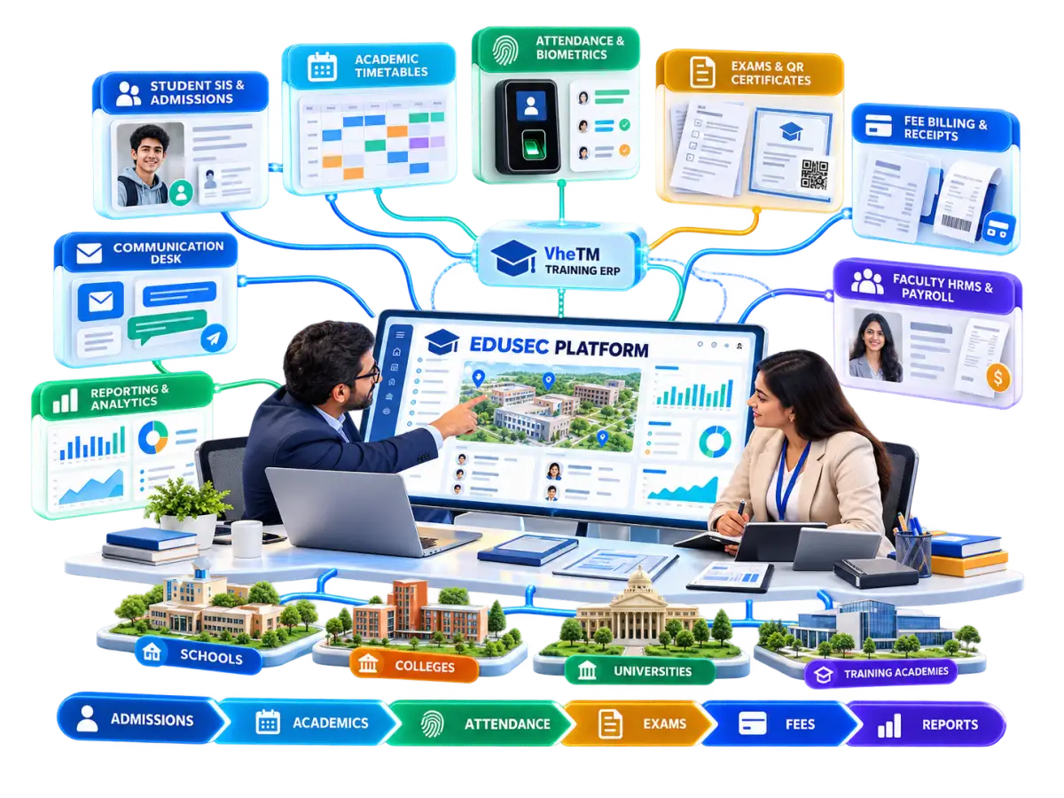 Education management solution connecting student admissions, academic timetables, attendance, examinations, certificates, fee billing, faculty HRMS, communication and reporting