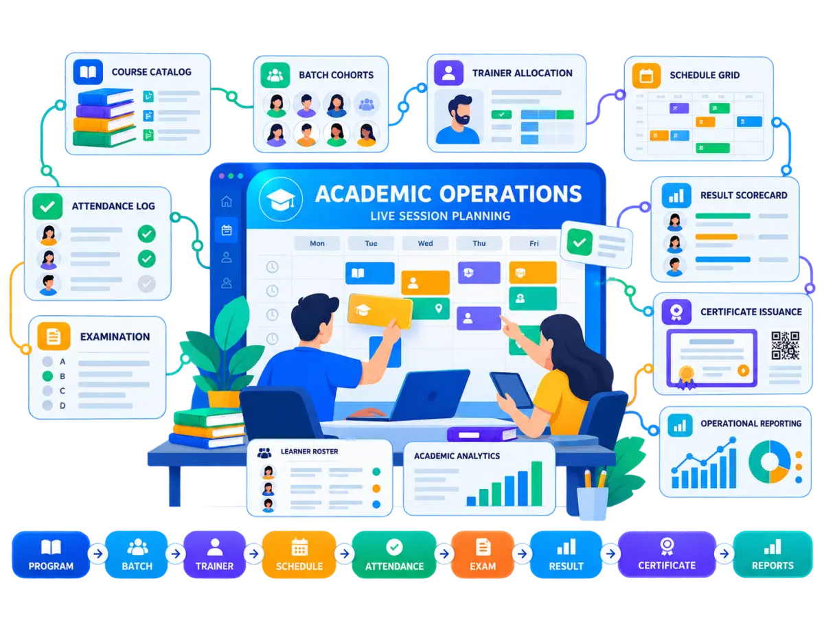 Learning and academic operations workflow connecting course catalogs, batch cohorts, trainer allocation, schedule grids, attendance, examinations, result scorecards, certificate issuance and operational reporting