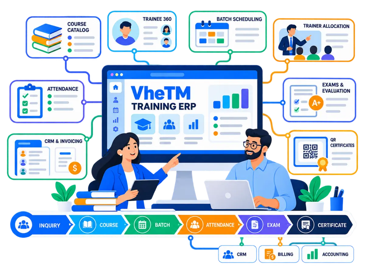 VheTM training management workflow connecting course catalog, trainee profiles, batch scheduling, trainer allocation, attendance, examinations, QR certificates, CRM, invoicing and accounting