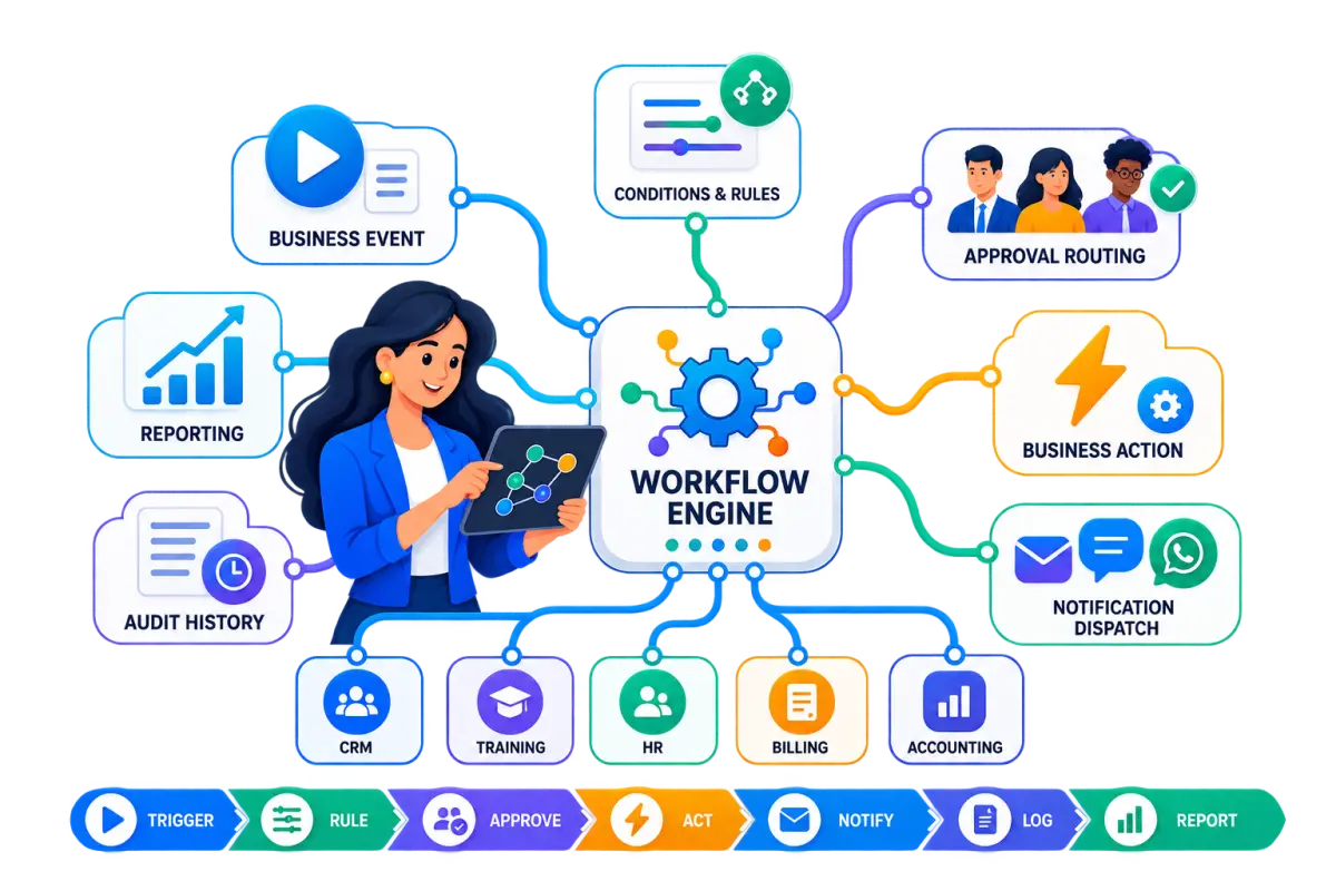 Workflow automation visual connecting business events, conditions and rules, approval routing, business actions, notification dispatch, audit history, reporting, CRM, training, HR, billing and accounting