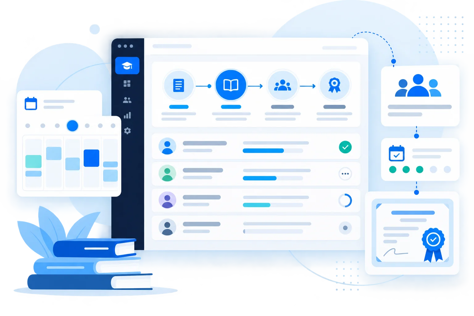 VheTM Training Management ERP operational lifecycle showing course planning, batch management, attendance, and certification