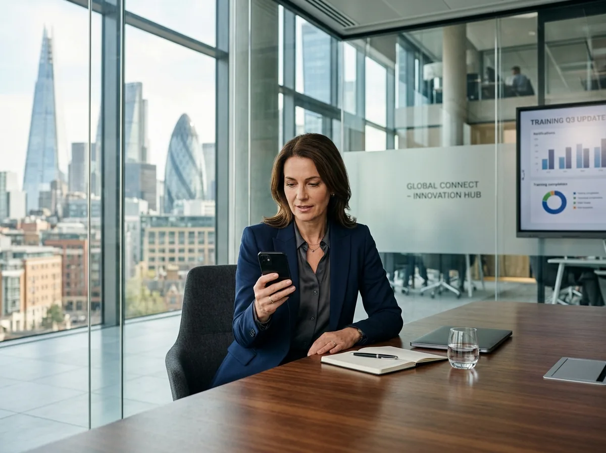 Corporate client executive managing business communications on a mobile device in a modern office